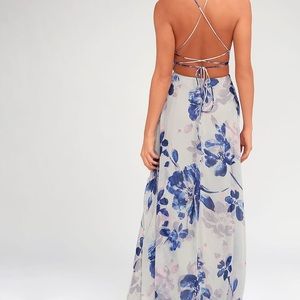 Lulu’s Grey Floral Print Lace-Up Maxi Dress